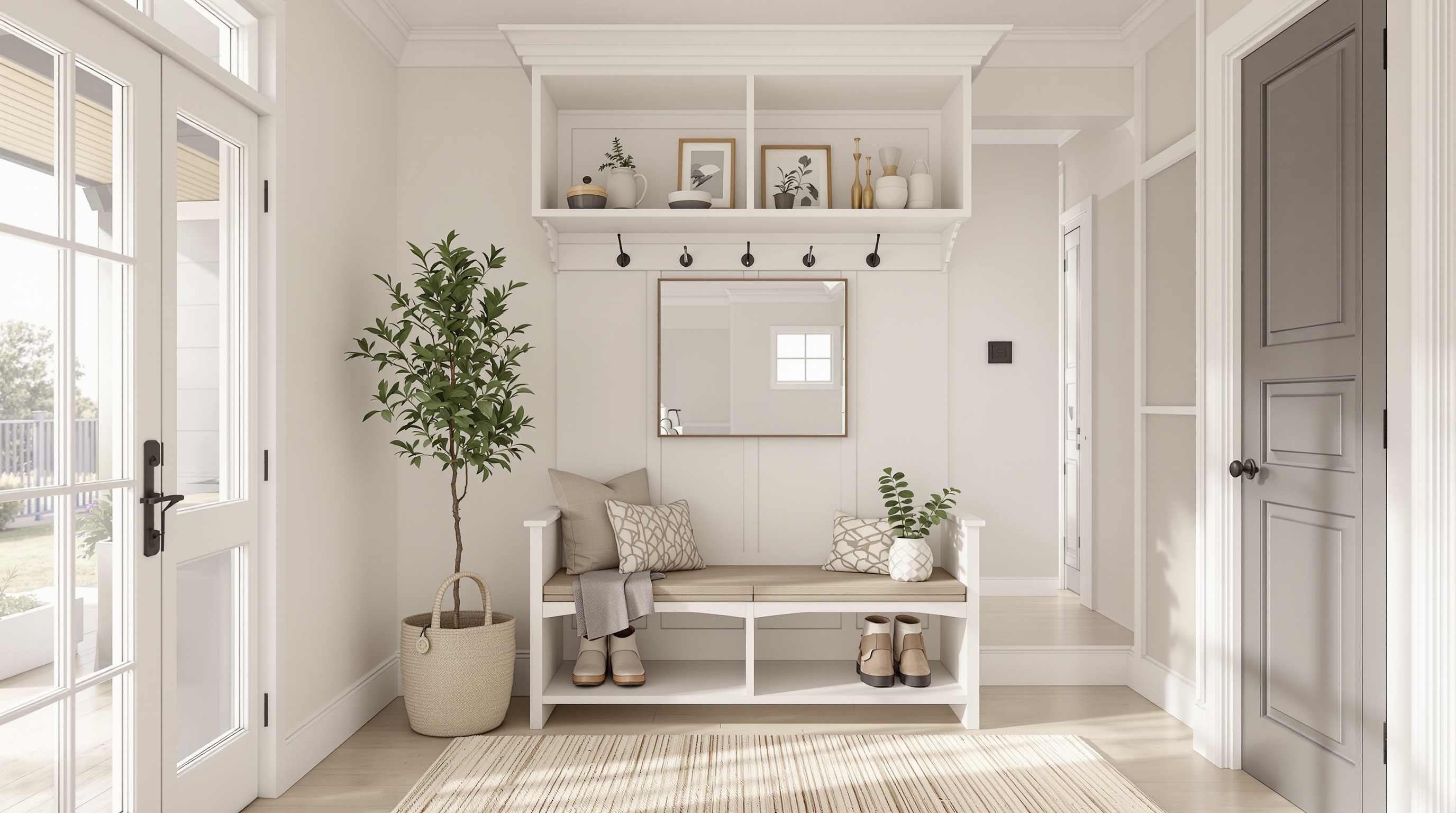 Elegant entryway interior design with bench, hooks, and mirror - welcoming home entrance decor