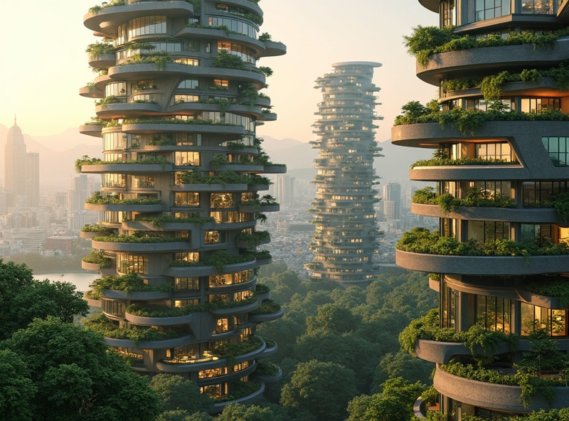 BLACK PEARL modern skyscrapers with indoor vertical farming visible through lower floor windows and clean residential facades