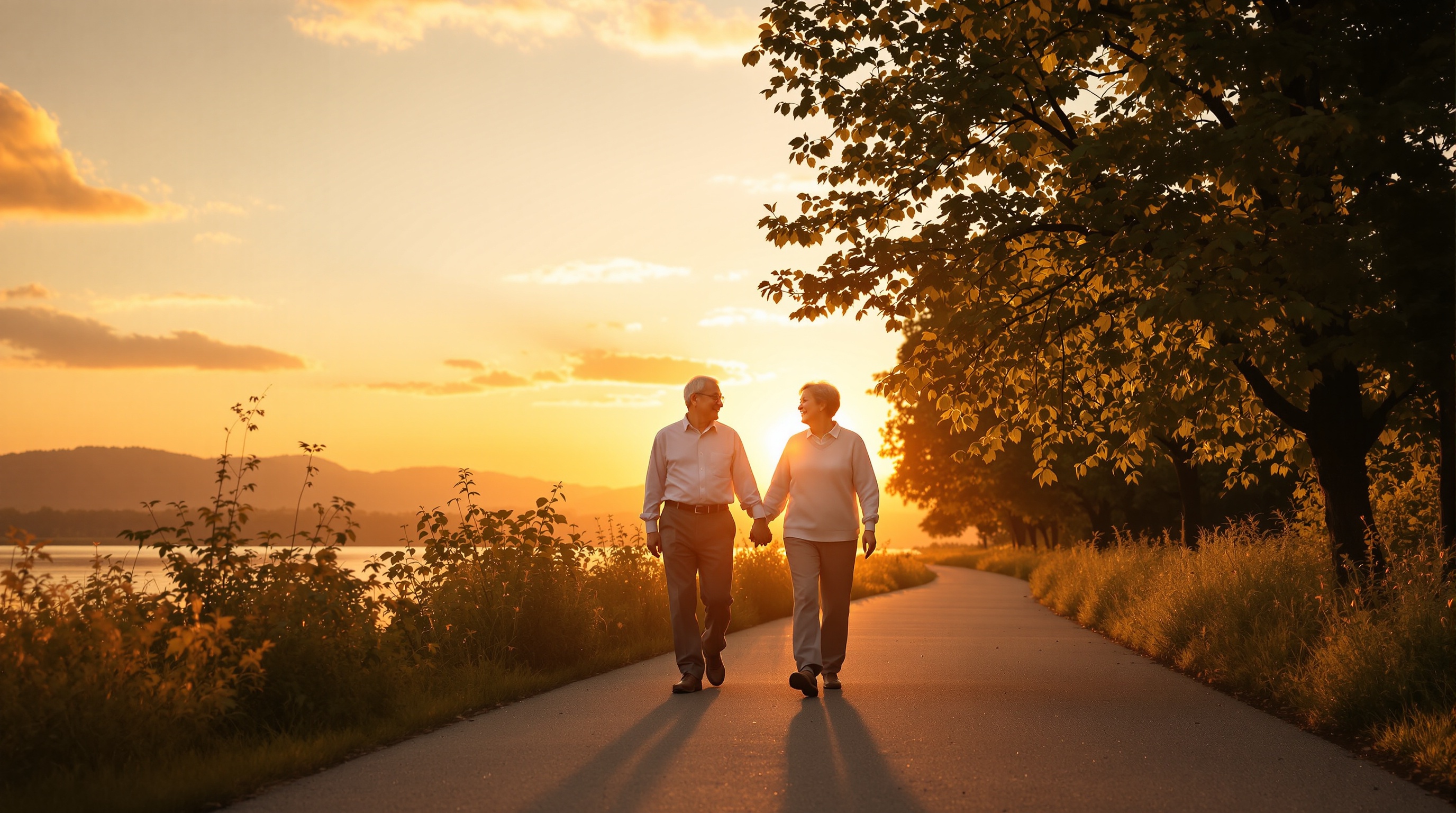 朝日の中を散歩する高齢者夫婦
