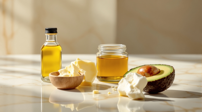 Olive oil, coconut oil, butter, ghee and avocado oil arranged on a marble surface representing core keto fats to cook and dress with