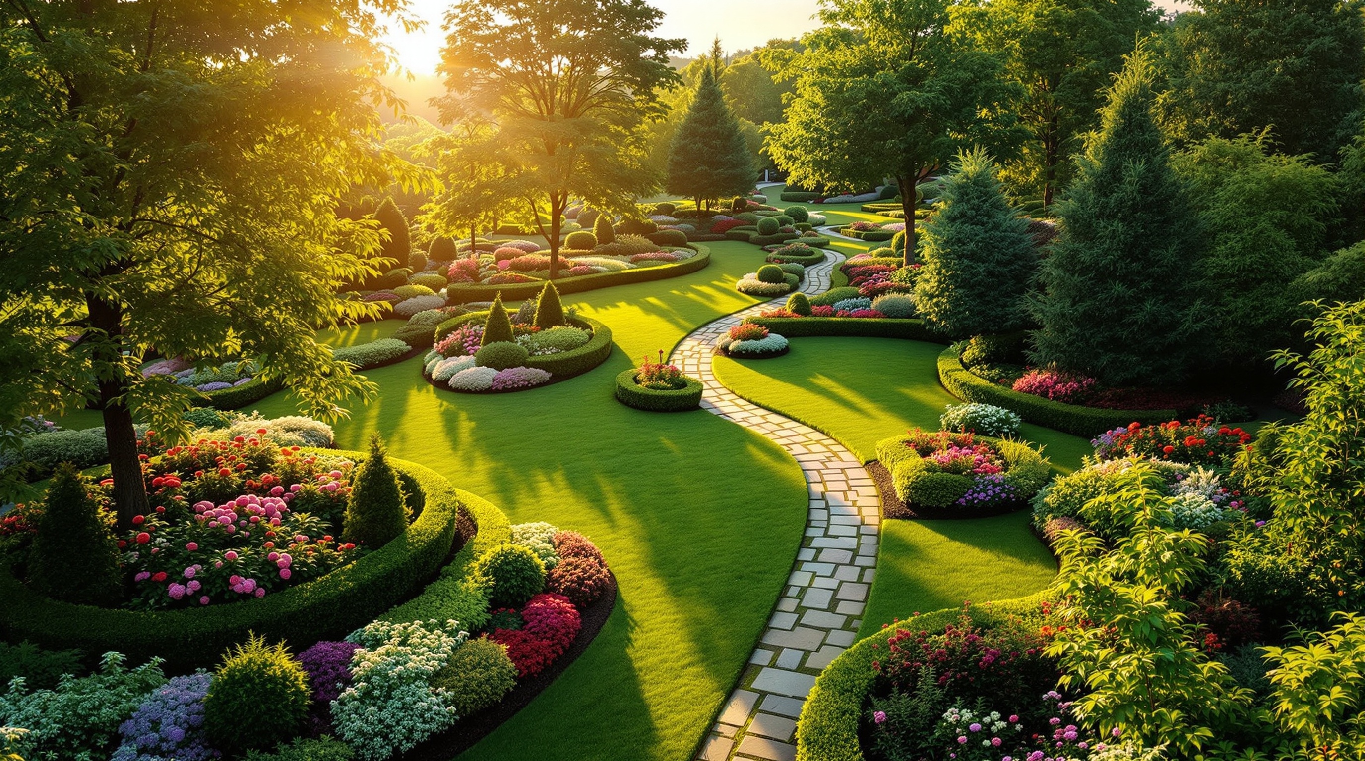 Beautiful garden landscape with colorful flowers and lush greenery