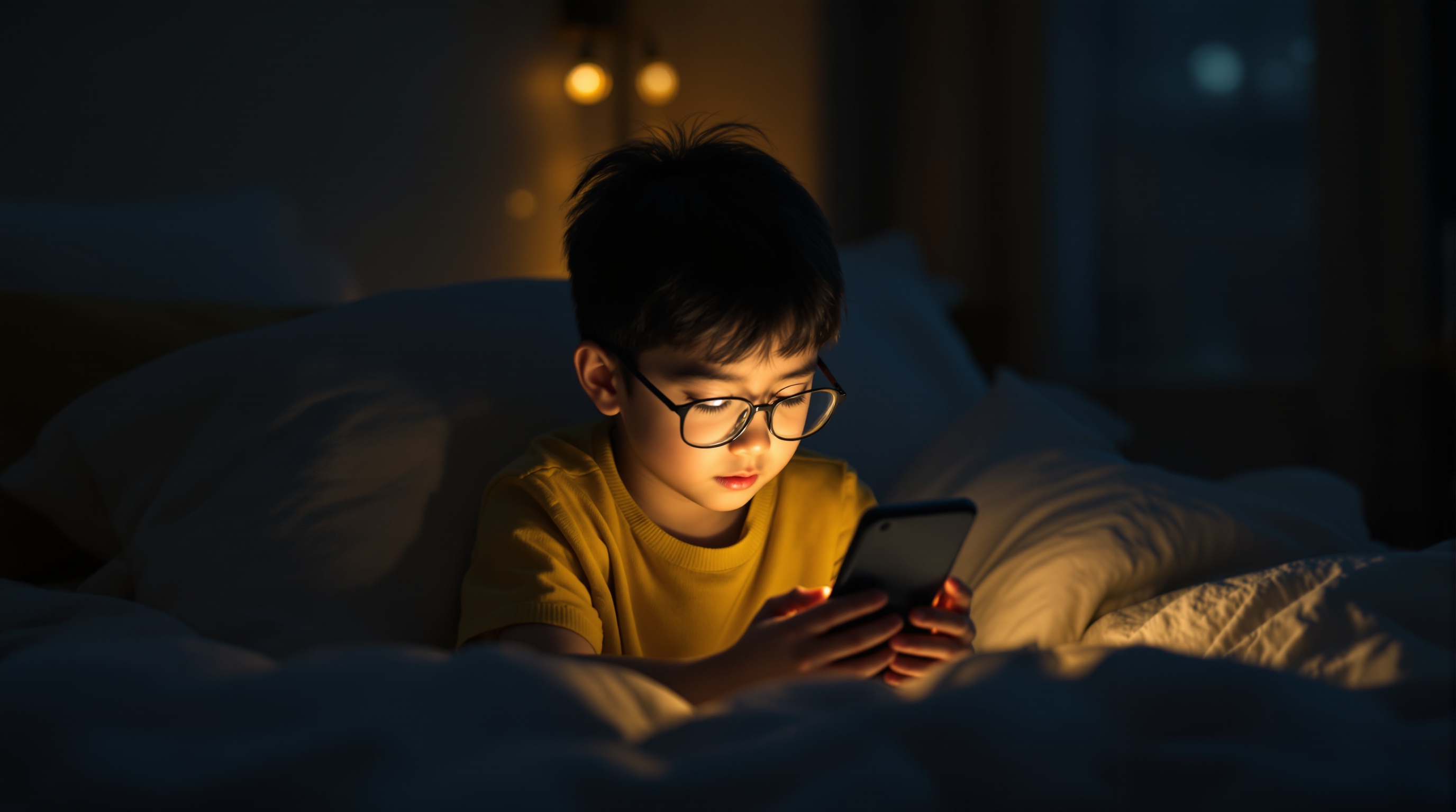暗い部屋でスマホを見る眼鏡の子ども - 就寝前まで画面を見続ける日常