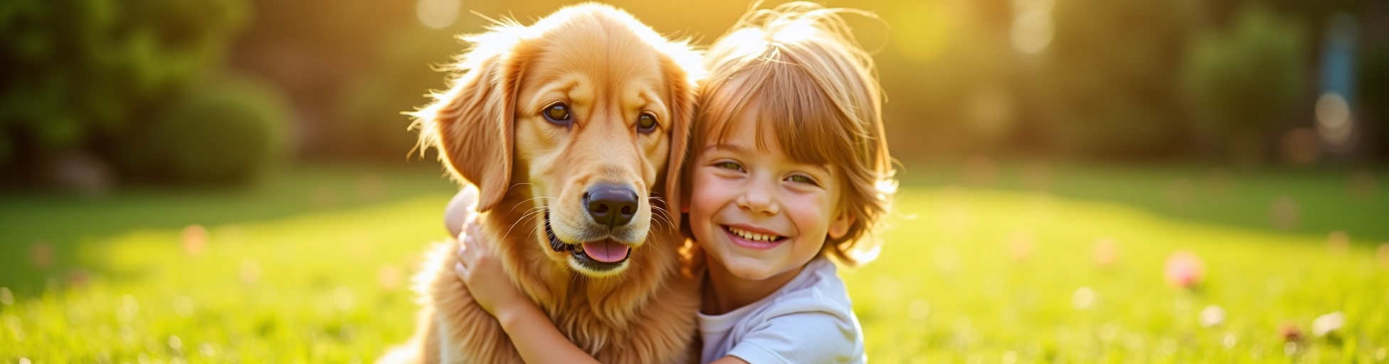ילד מחבק כלב בגינה