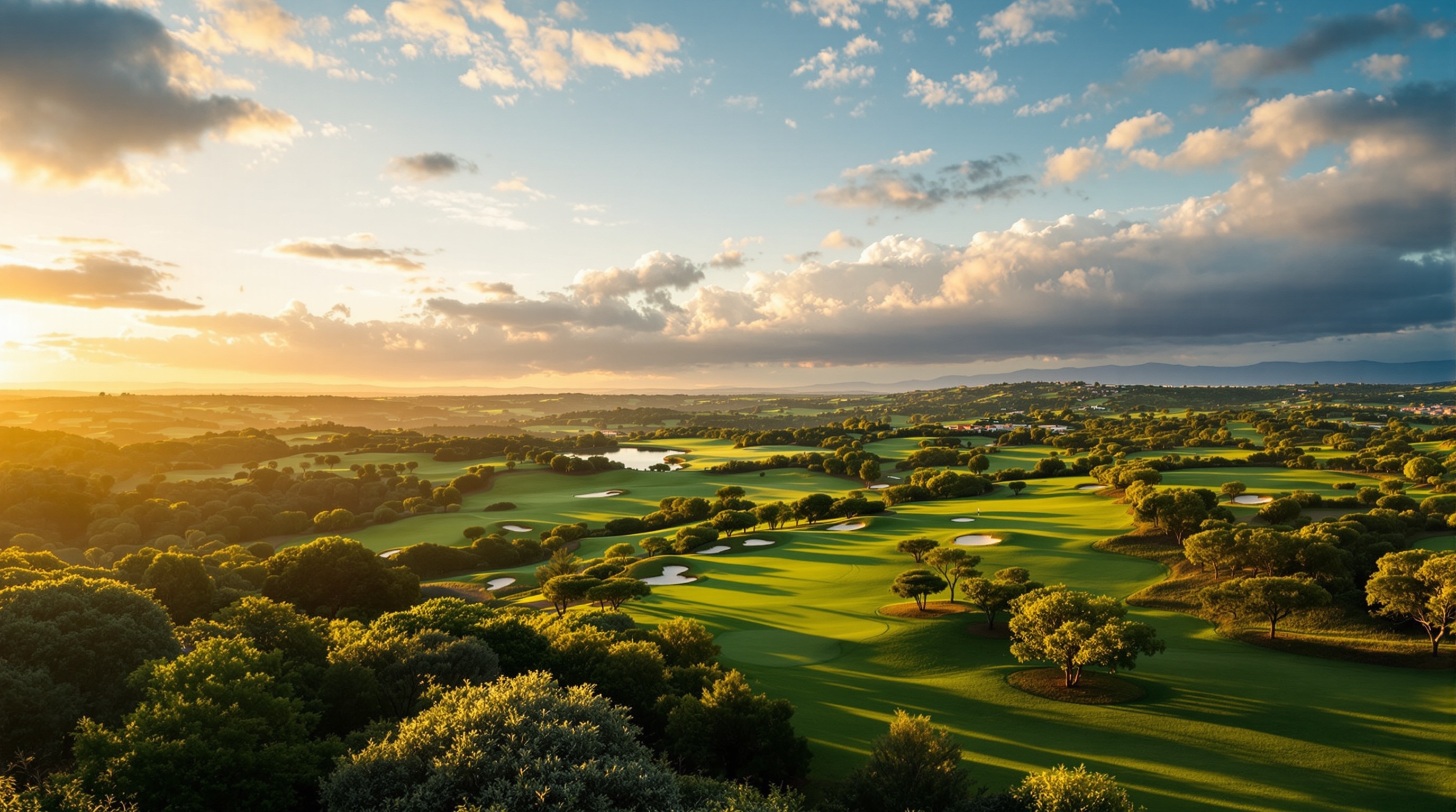 PGA Catalunya Camiral golf resort Spain Stadium Course rolling Catalan hills lush green fairways warm golden afternoon light cinematic wide panoramic aerial view premium editorial golf photography luxury resort landscape dramatic sky Costa Brava