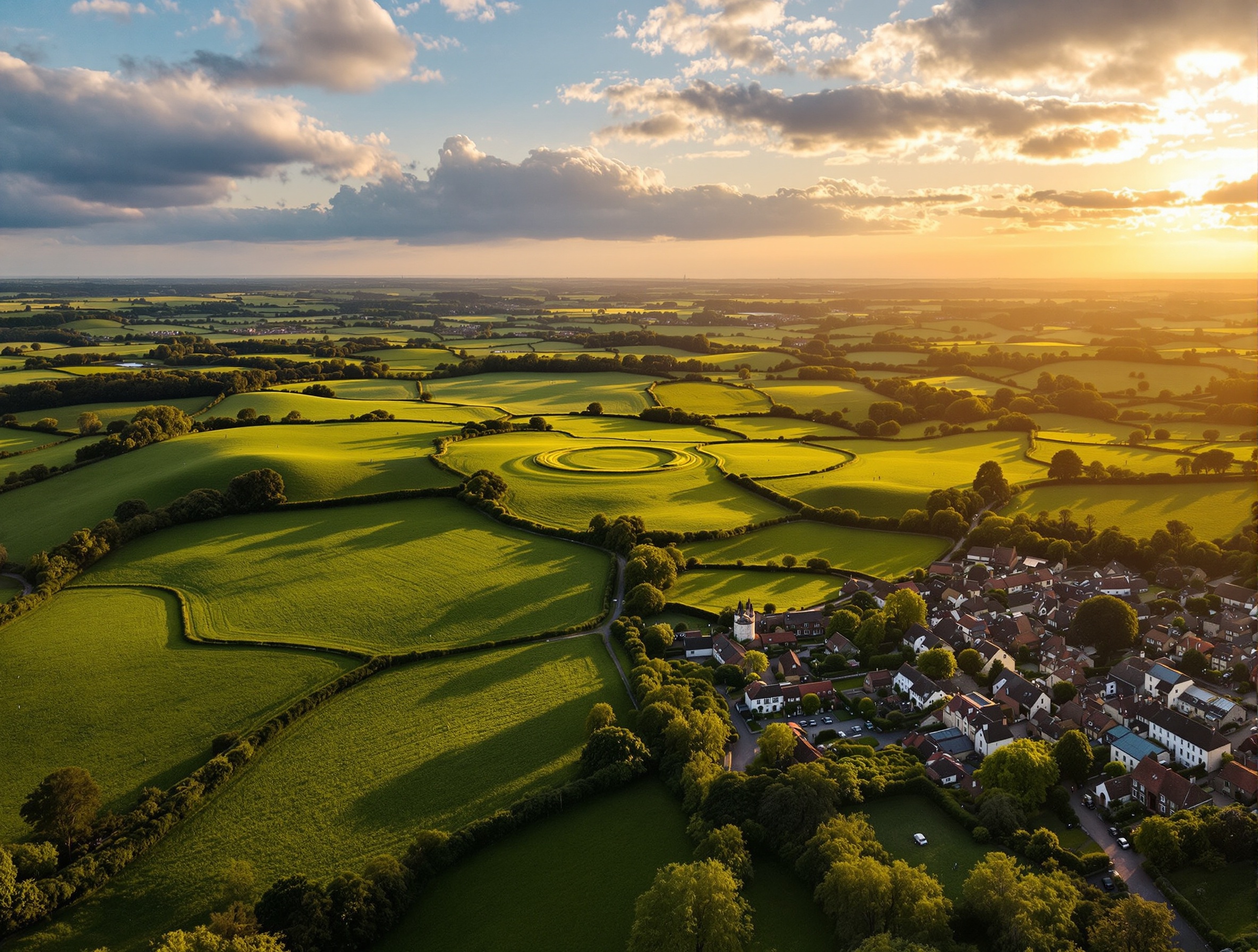 Wiltshire countryside aerial view with rolling hills and villages