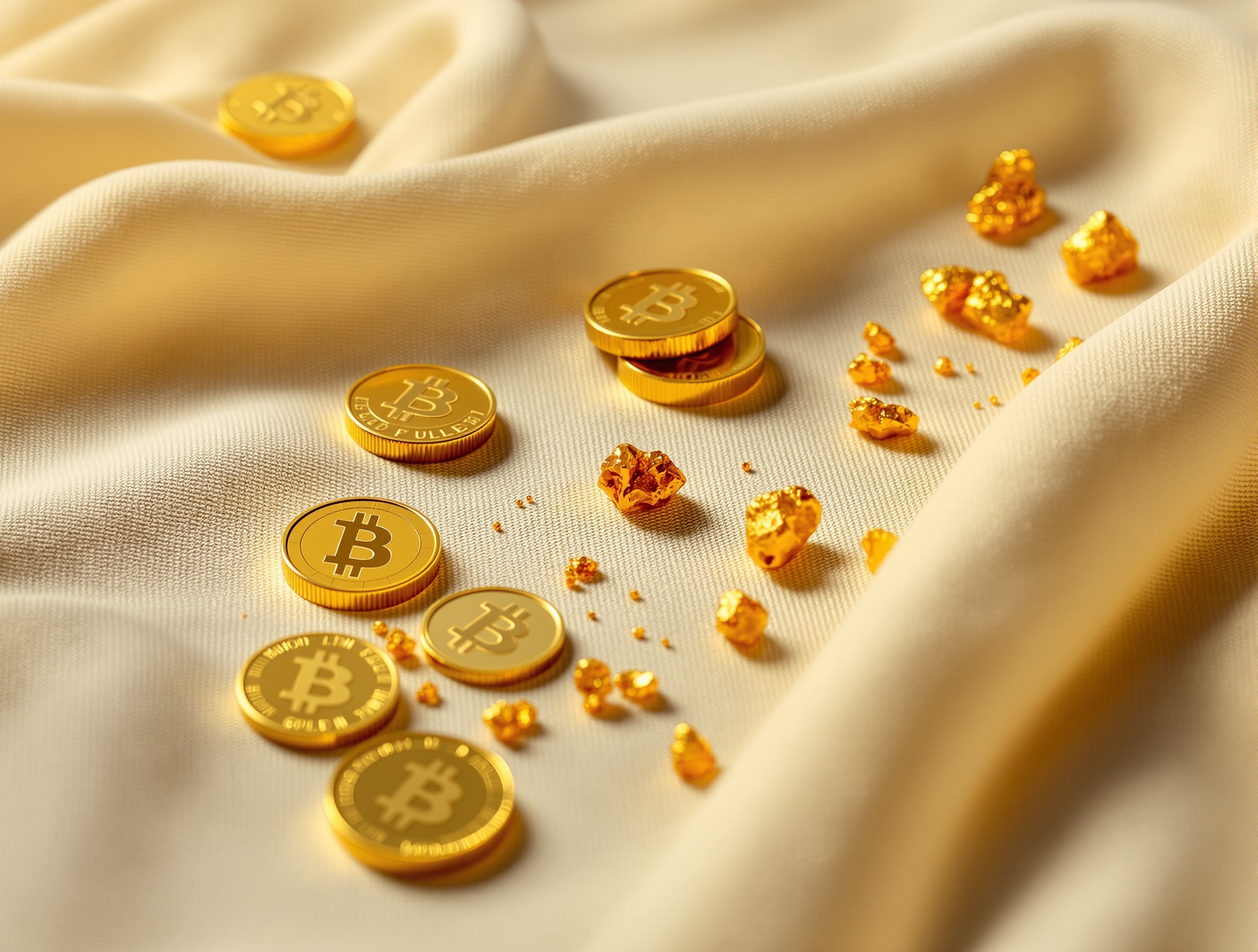 Gold bullion coins and nuggets on linen