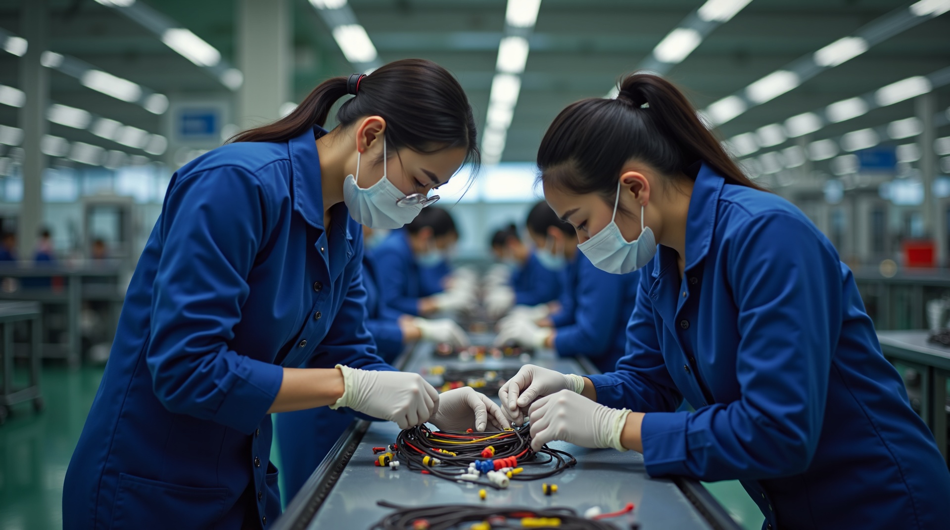 알파텍(ALPHATECH) 생산라인 - 자동차 와이어링 하네스 조립 작업 중인 숙련된 기술자들