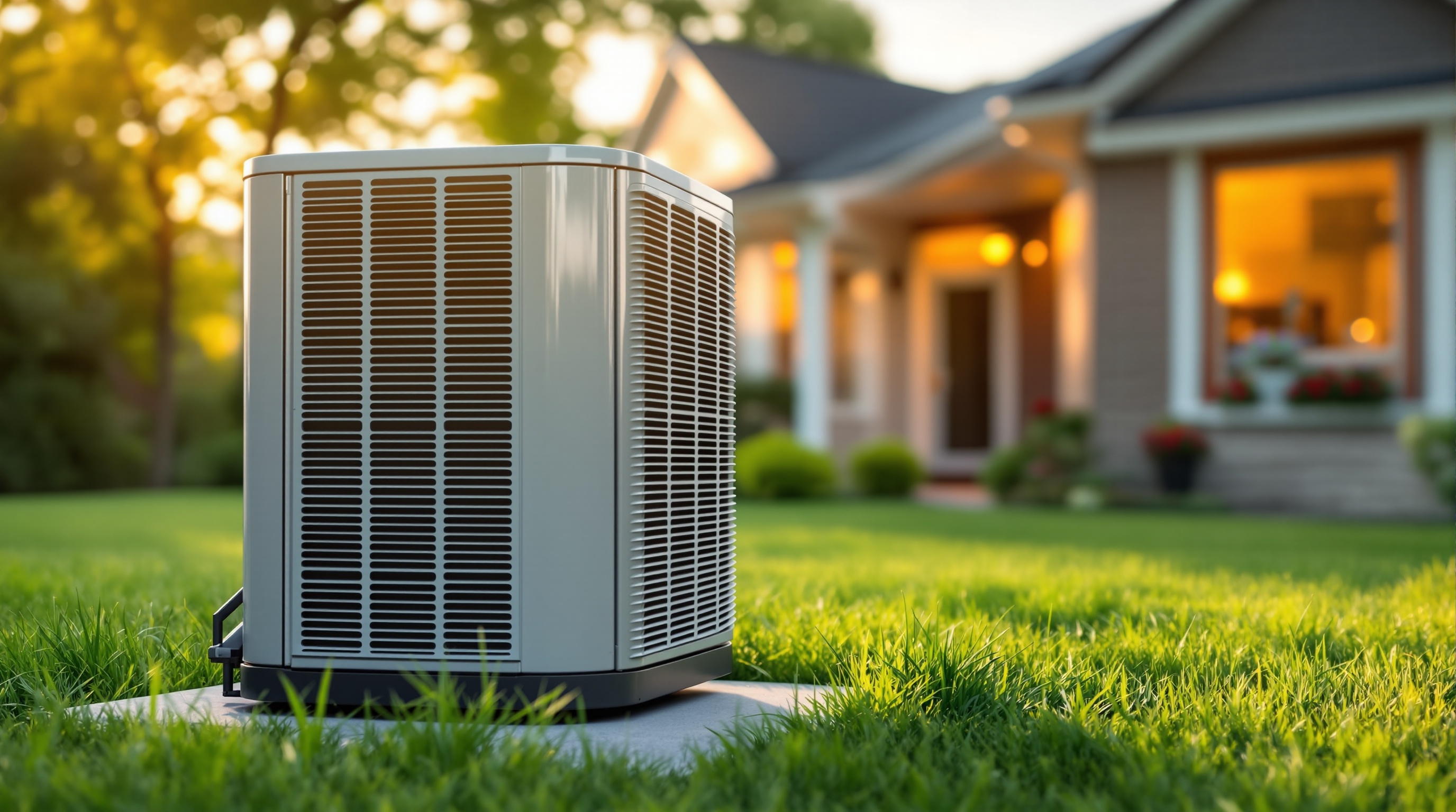 Modern residential AC condenser unit beside a charming home with warm sunset lighting