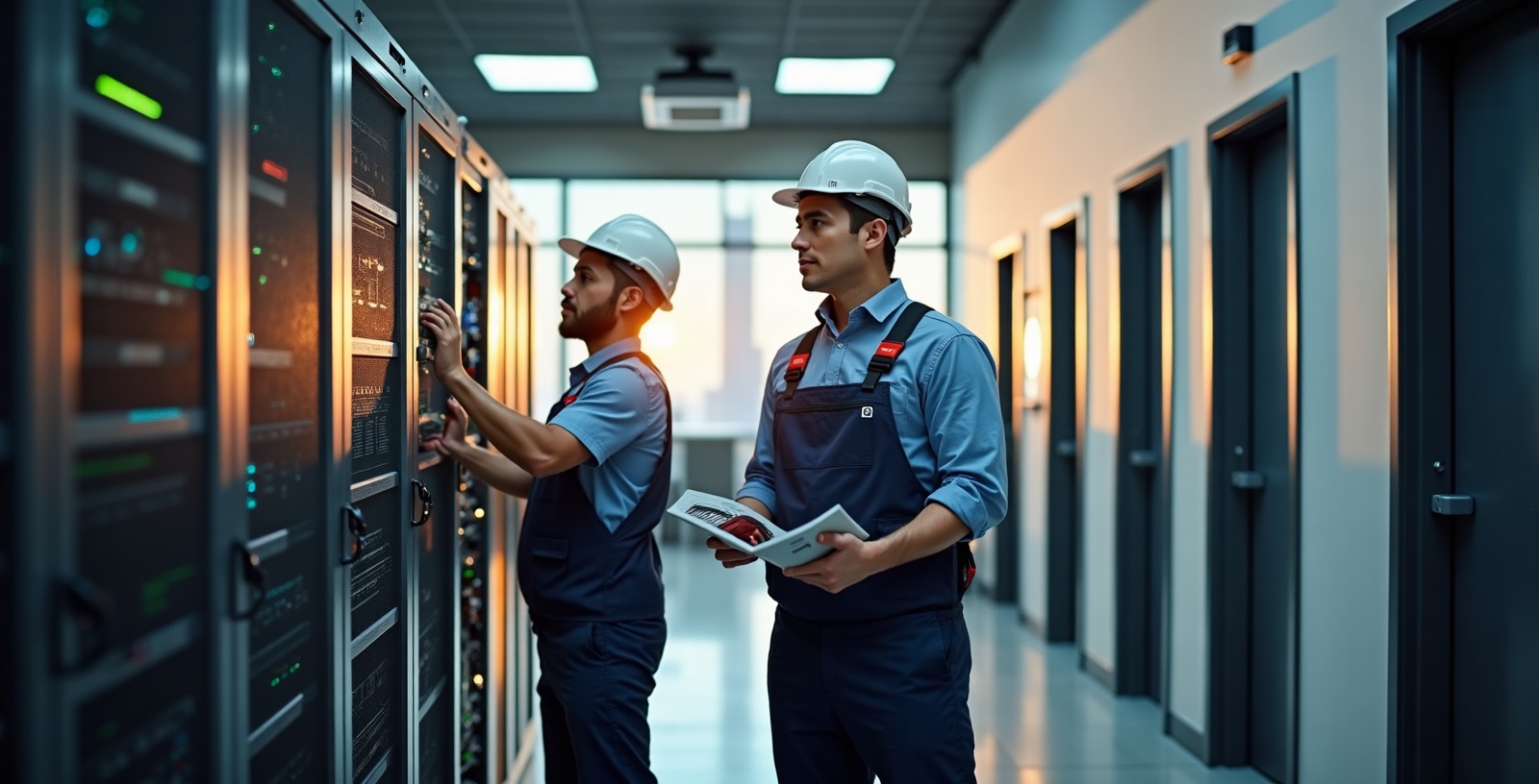 NTC Communications professional commercial security camera system and access control installation team working in a Philadelphia area office building
