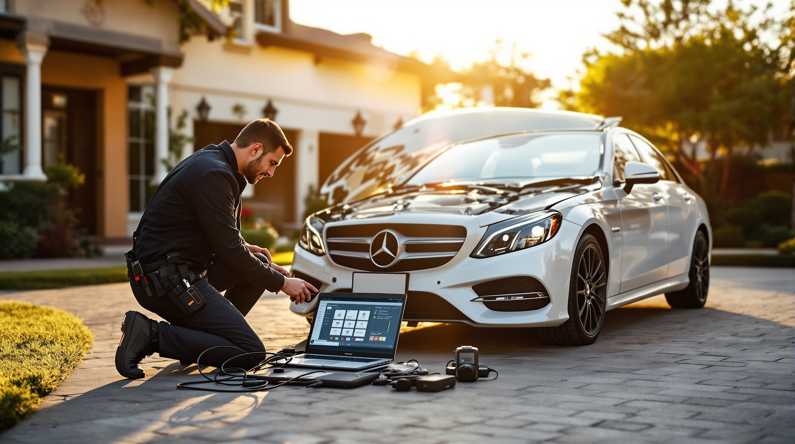 Locksmith kneeling beside a white Mercedes sedan using a laptop with diagnostic software to program a key fob