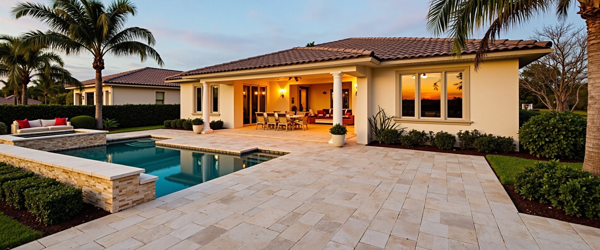 Stunning luxury paver installation — travertine patio with fire pit and tropical landscaping at a Florida coastal home