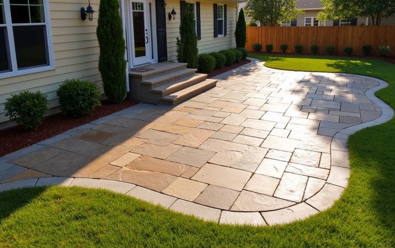 Stamped concrete patio with Ashlar Slate pattern installed in Loganville GA