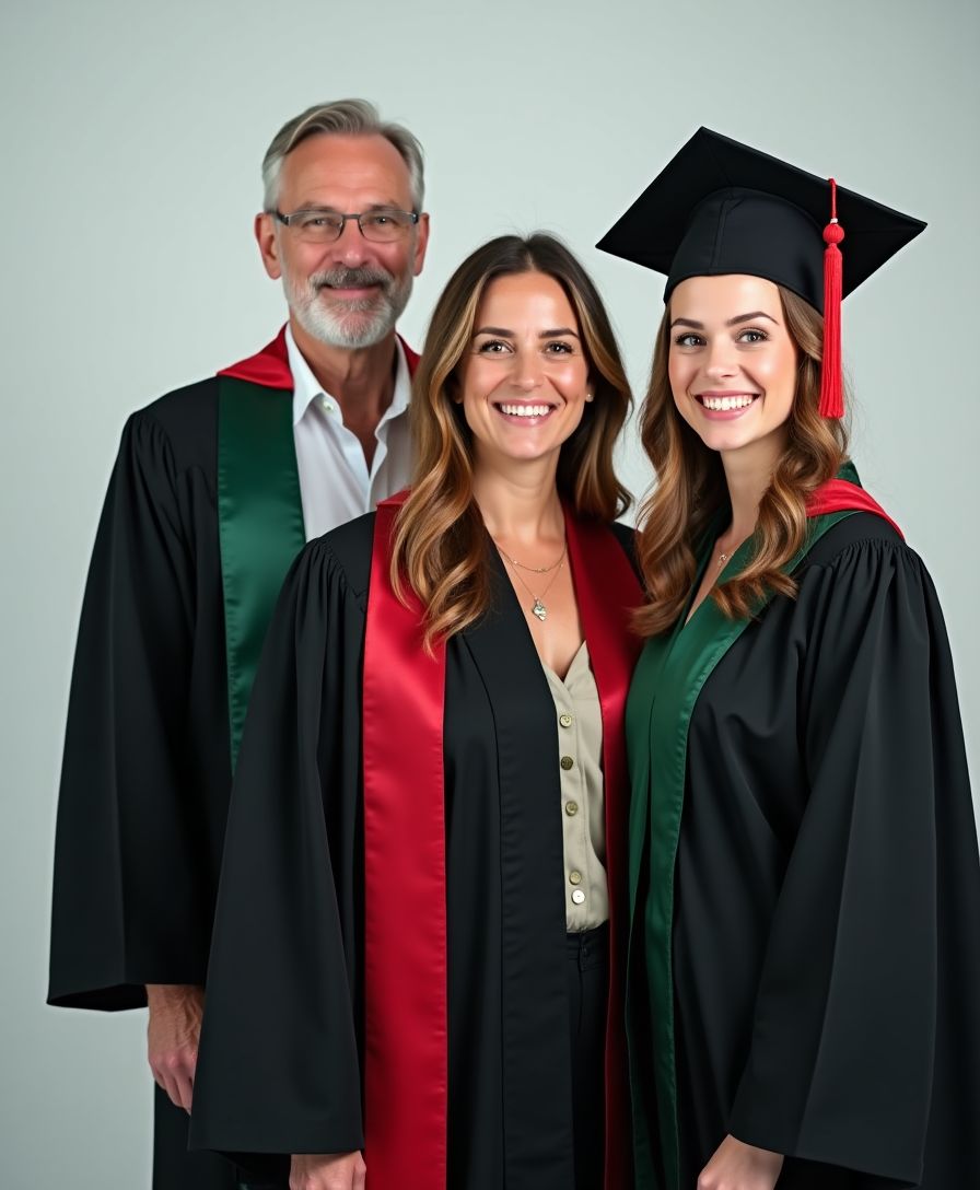 Professor, professora e aluno formado com beca de formatura representando sucesso acadêmico