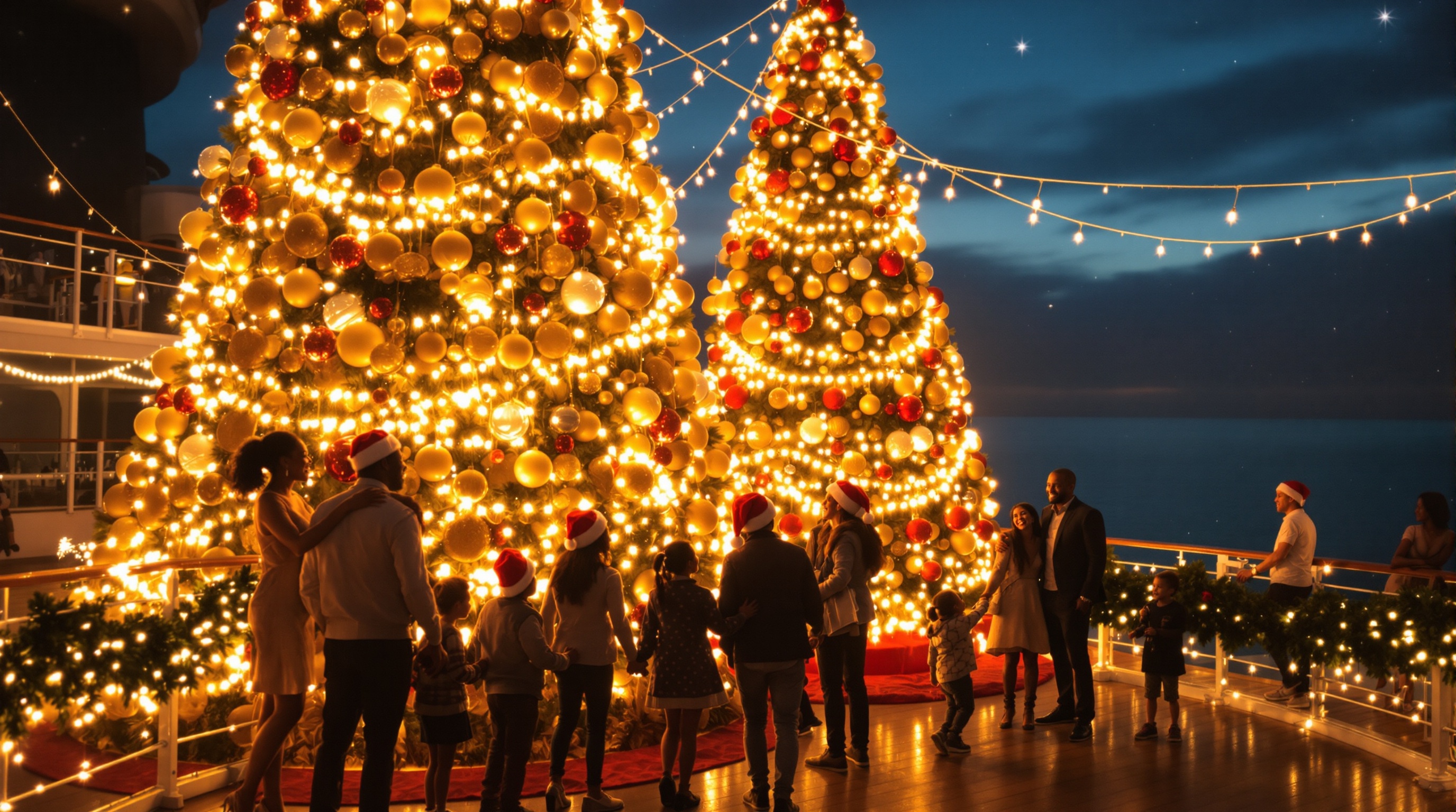 Black families celebrating Christmas on a cruise ship