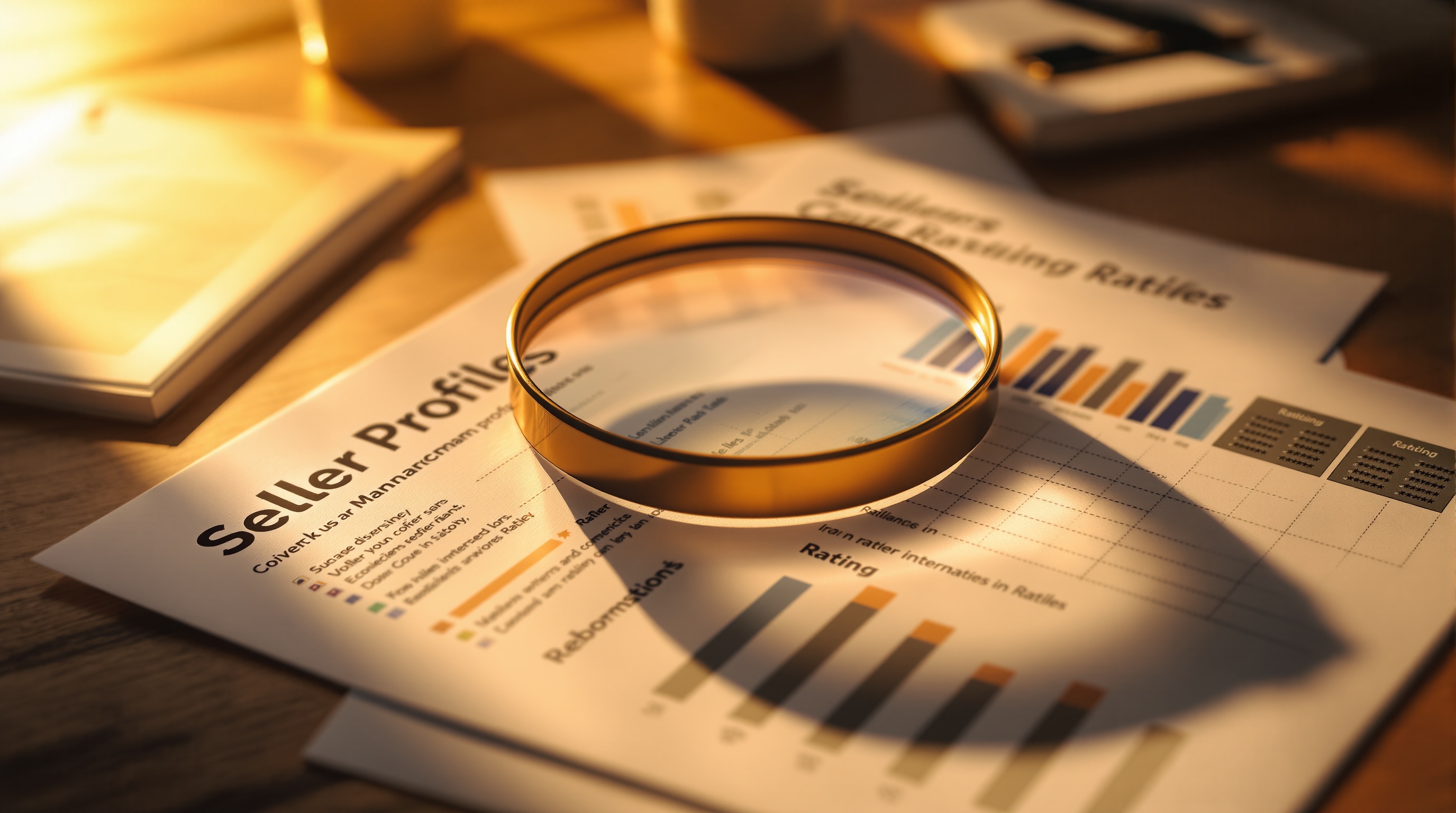 Magnifying glass over an ACBuy spreadsheet document on a wooden desk