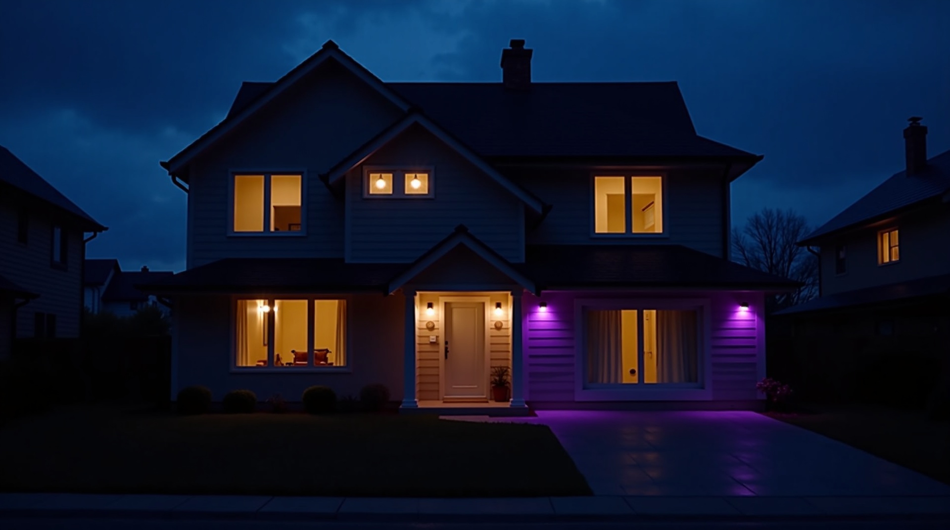 Modern suburban home at night with smart security features