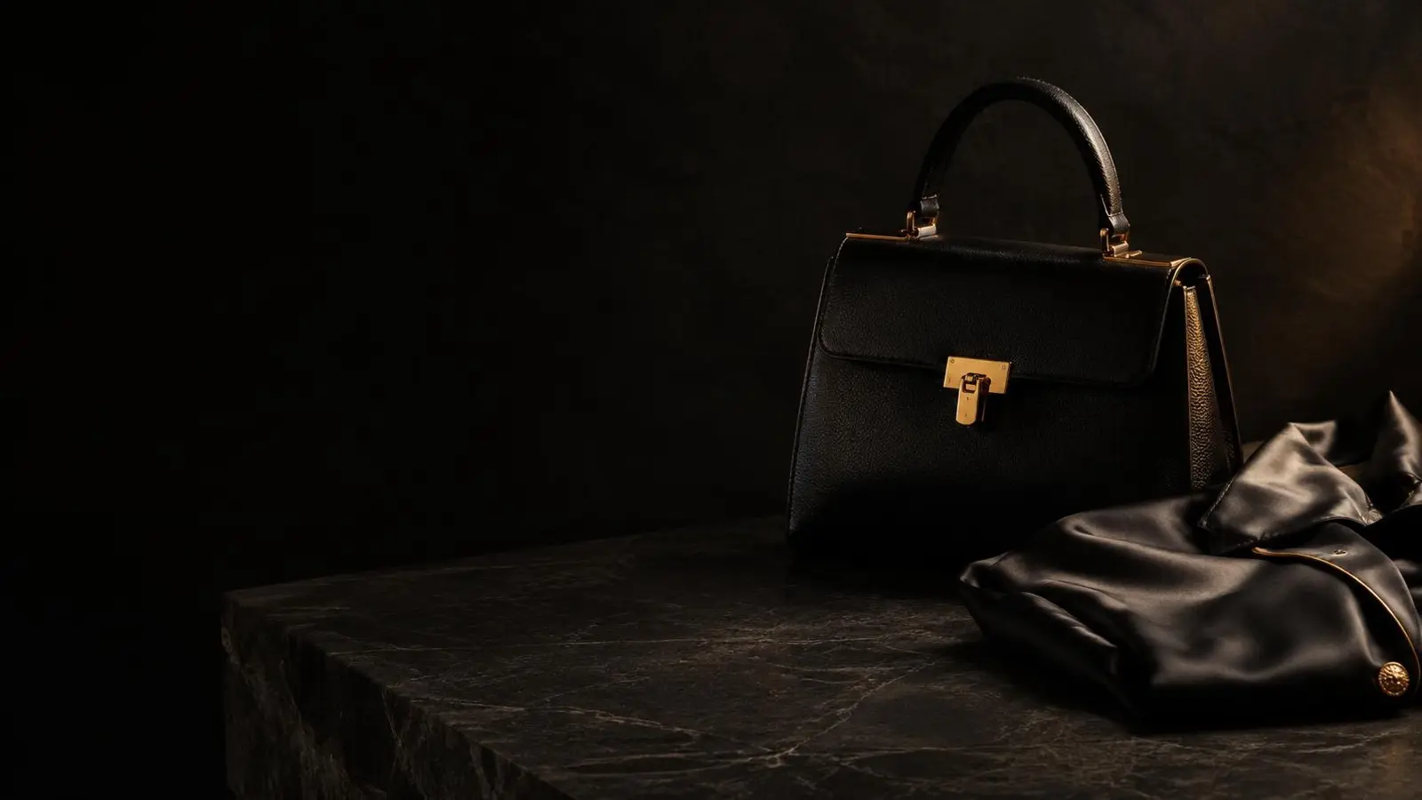 Tan leather handbag and folded scarf on a dark surface, lit from the right, leaving empty dark space on the left