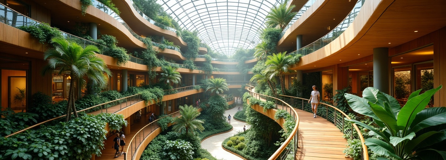 BLACK PEARL interior spiral garden walkway with lush tropical plants and natural daylight