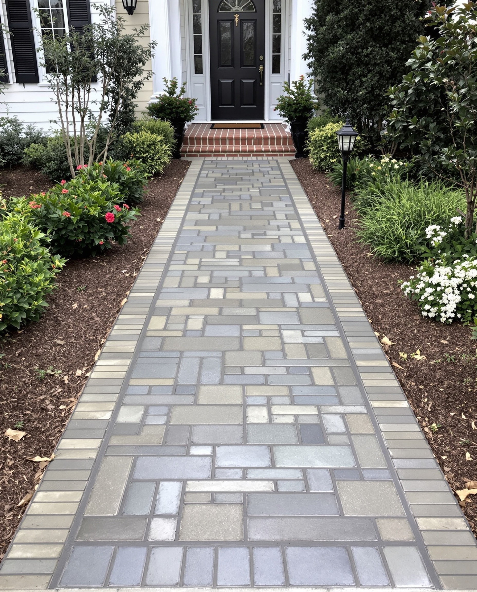 Decorative Concrete Steps Isle of Palms - Stamped Stone Texture Stairway Stamped concrete steps in Isle of Palms SC with natural stone texture, integral tan color with brown antiquing, slip-resistant textured surface for safety, 4000 PSI concrete with rebar reinforcement, proper riser and tread dimensions, UV and weather resistant sealer, coastal climate durability, elegant entrance design with professional landscaping integration