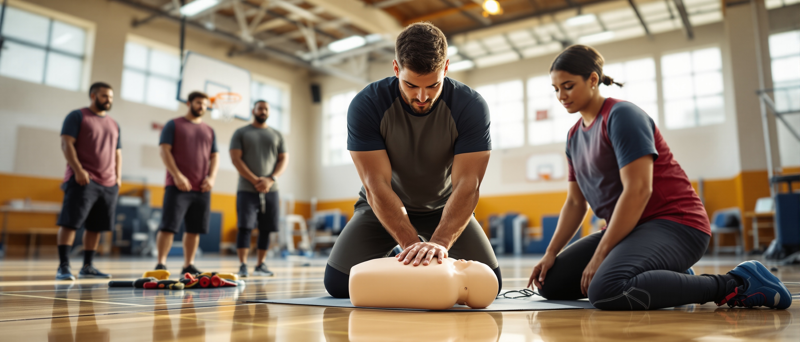 CPR training for coaches in a school gymnasium