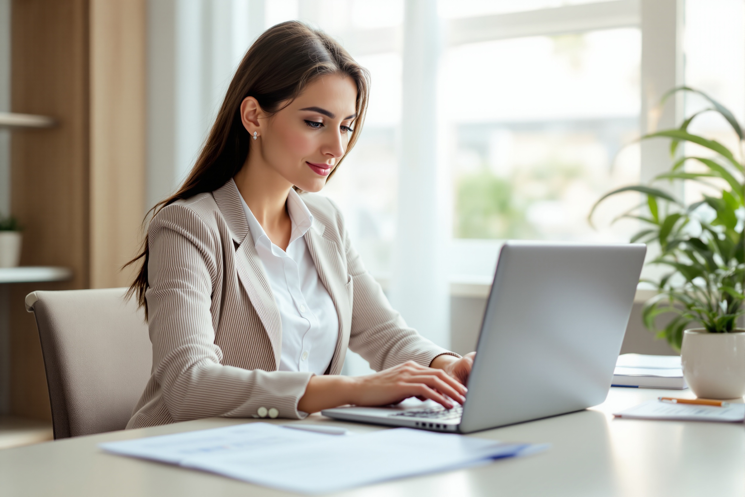 Woman reviewing insurance claim documents on laptop