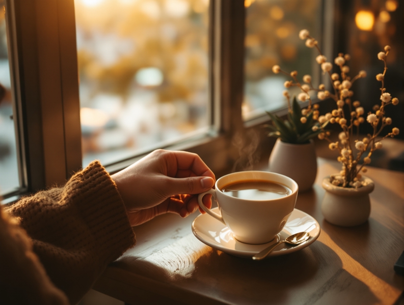 落ち着いたカフェで温かいお茶を飲みながらホッと一息つく様子