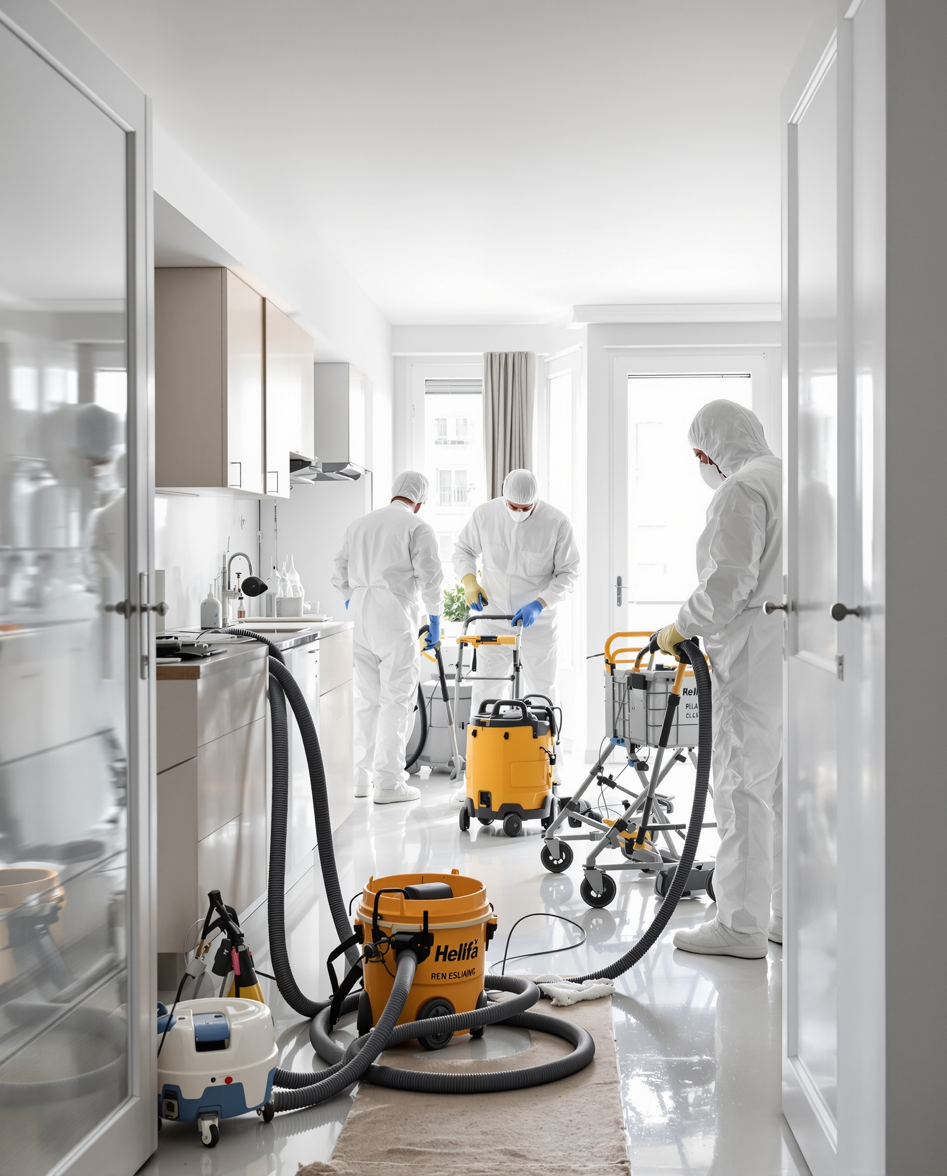 Equipo de Diogenez con equipamiento de protección en intervención de limpieza por síndrome de Diógenes en Barcelona — especialistas en vaciado y desinfección