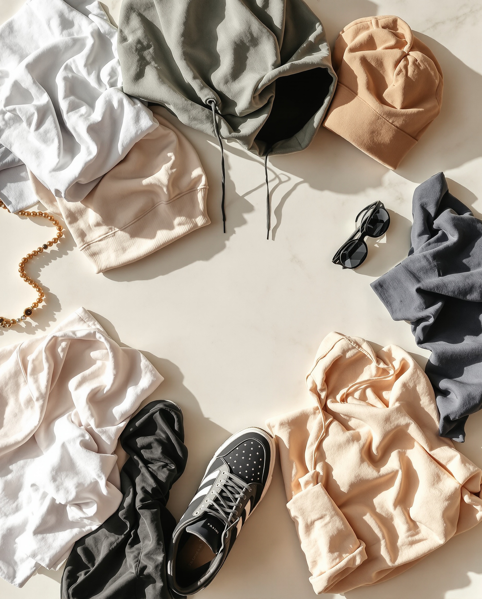 Fashion products flat lay sneakers hoodies accessories on cream marble