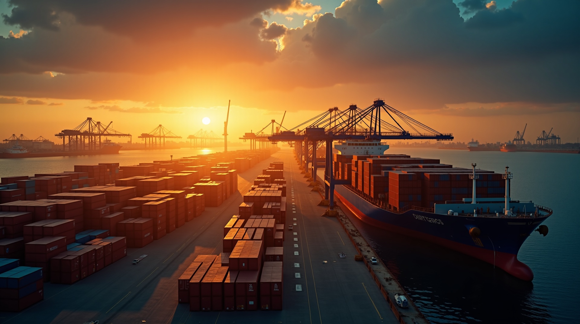 Egyptian export shipping port with container ship and cargo cranes representing global export operations