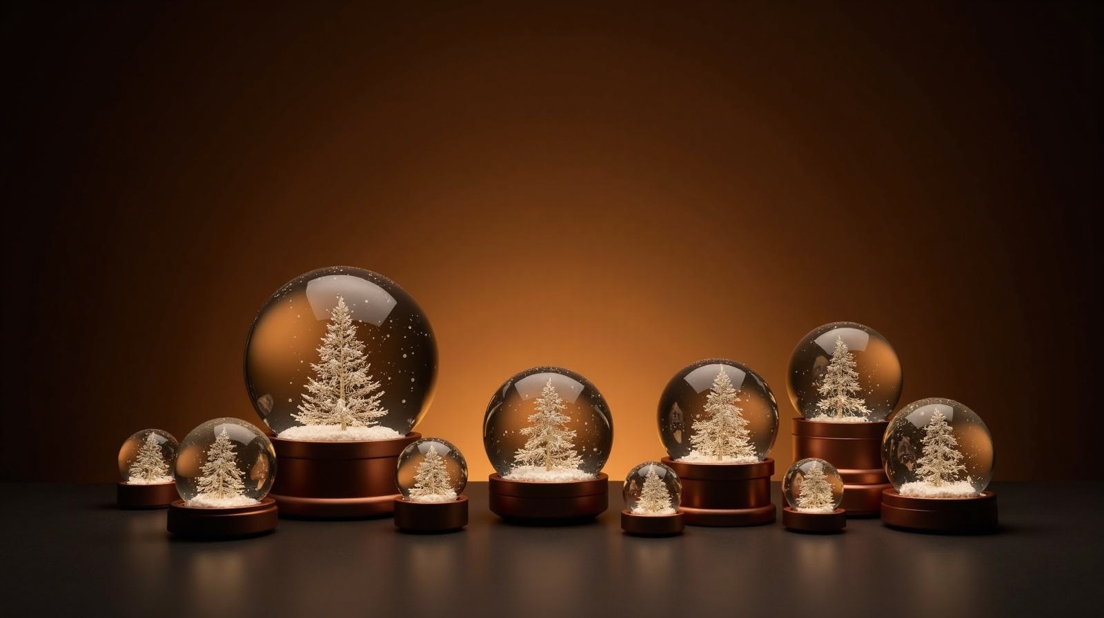 Premium custom snow globe collection arranged on a dark warm studio background with soft amber lighting