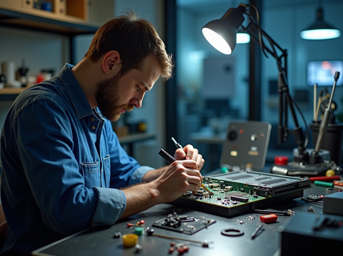 Técnico consertando videogame
