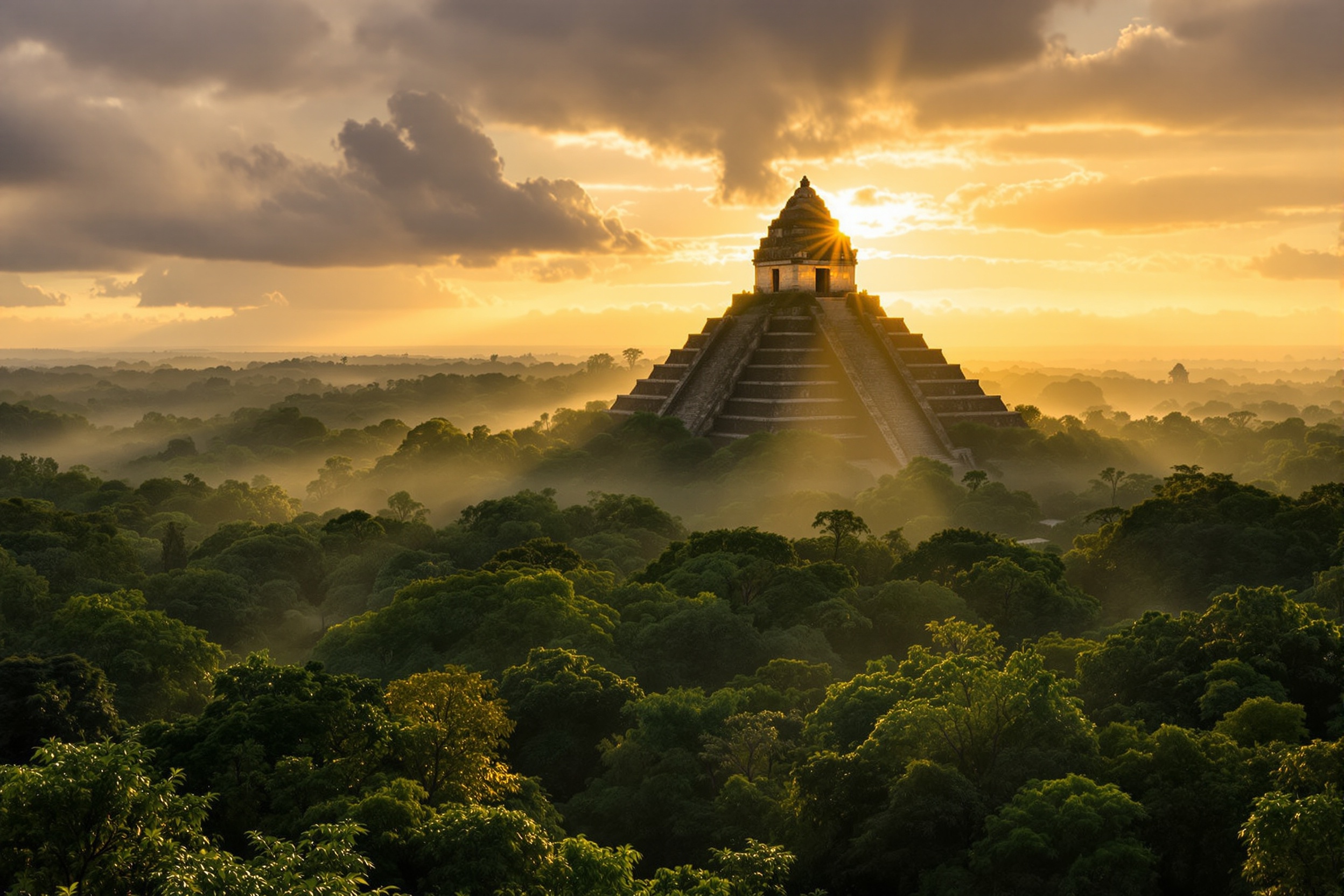 Tikal Guatemala sunrise tour — Temple IV pyramid peaks emerging above the jungle canopy at dawn
