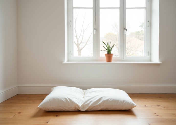 Bright private guest suite with white linen dog bed and natural light