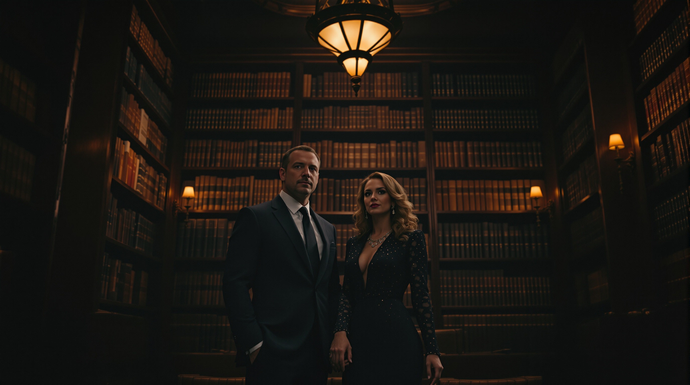 Husband and wife publishing team in a grand library