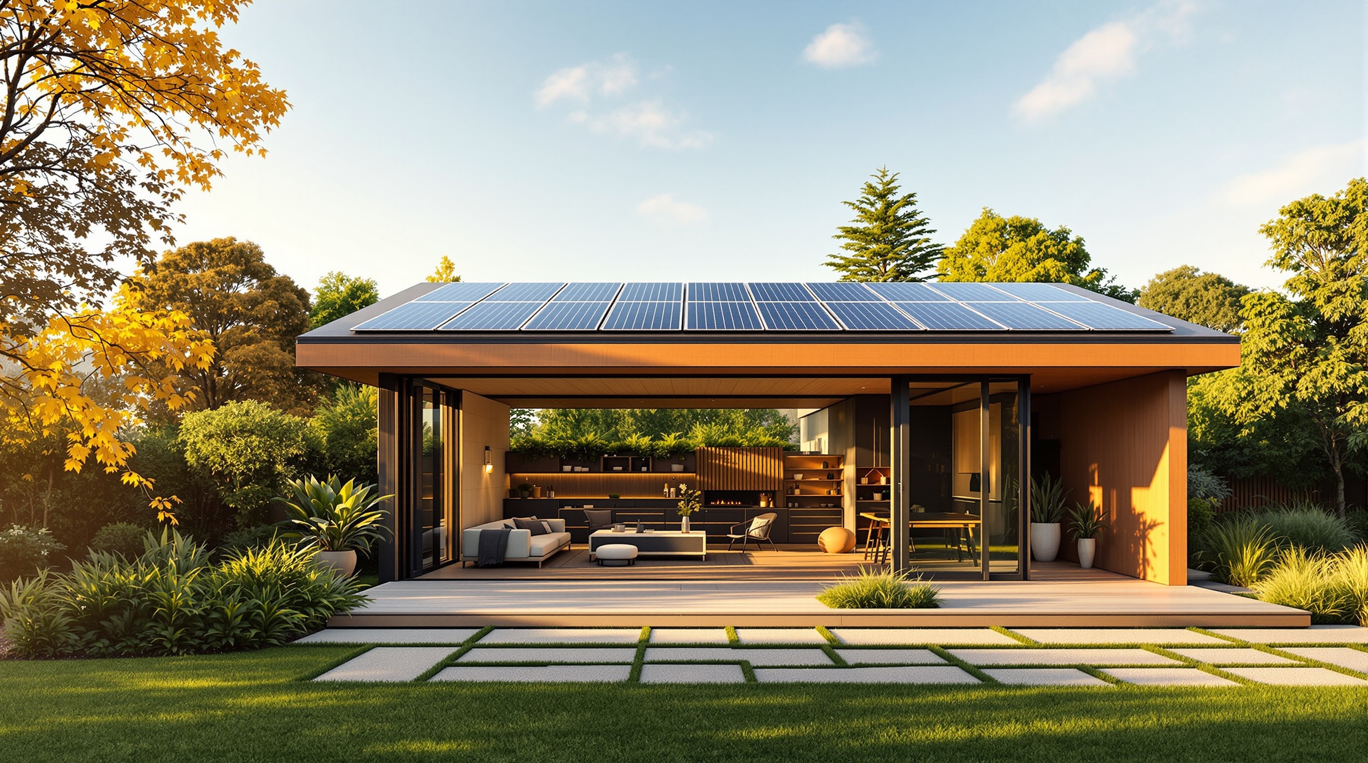 Solar-powered backyard with shed and outdoor office