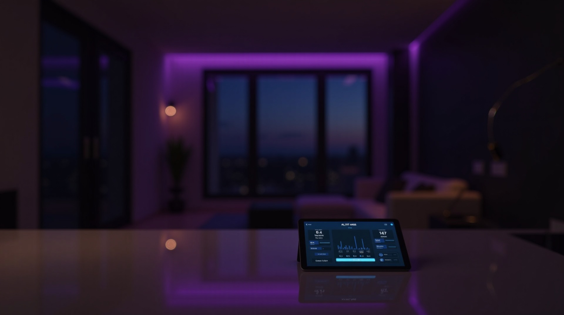 Smart home interior with security dashboard