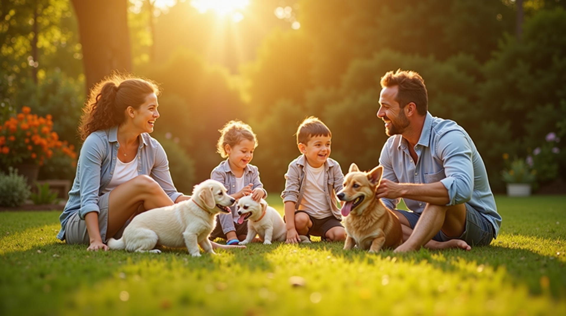 Happy family with dogs and cats in backyard