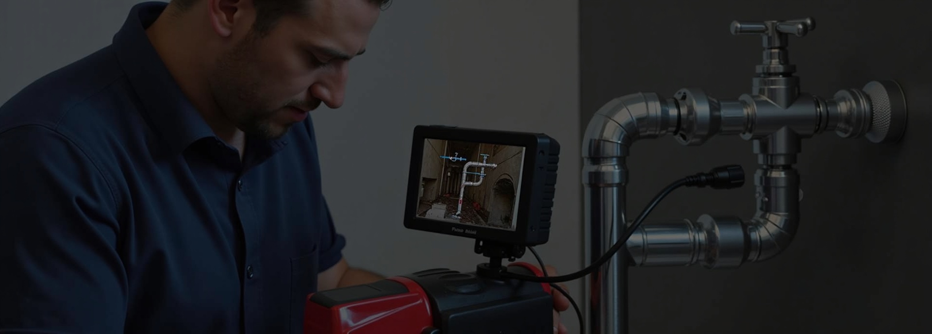 Professional plumber reviewing live camera inspection footage of a residential pipe