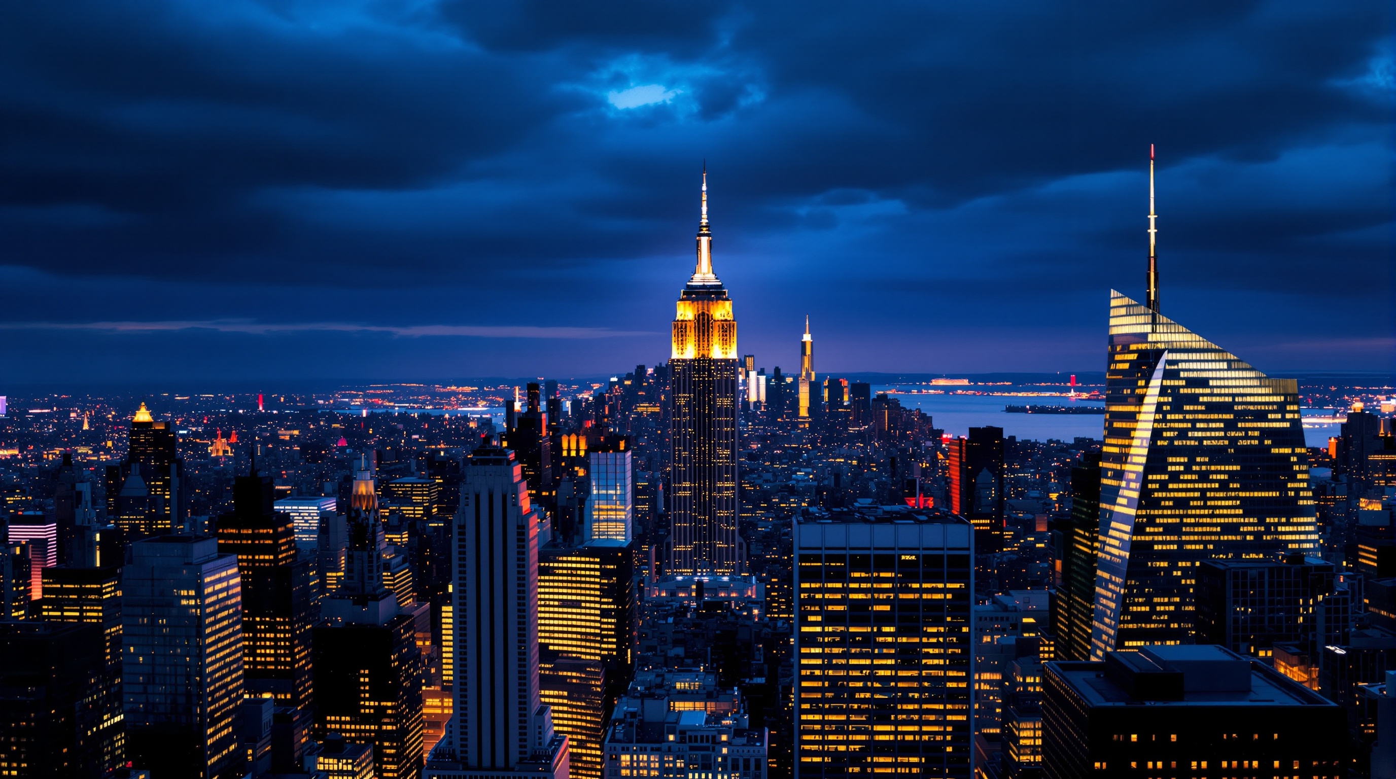 Modern metropolitan skyline at night with illuminated skyscrapers reflecting on water - CPCON global headquarters