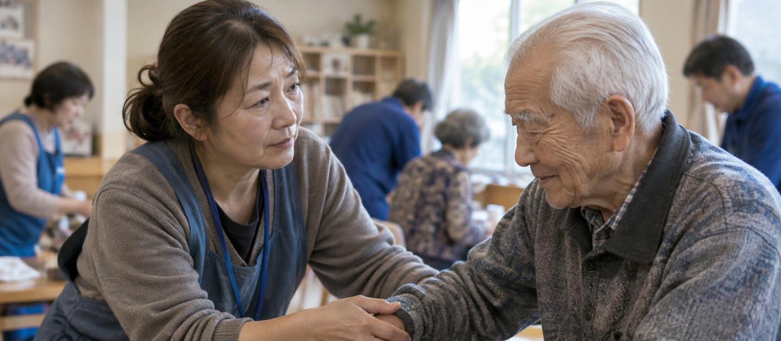 支援の現場で、高齢者の隣に寄り添いながら手を差し伸べるスタッフの様子