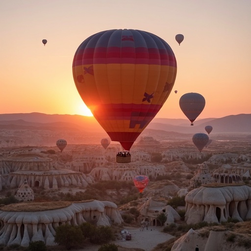 Friends enjoying hot air balloon ride over Cappadocia Turkey
