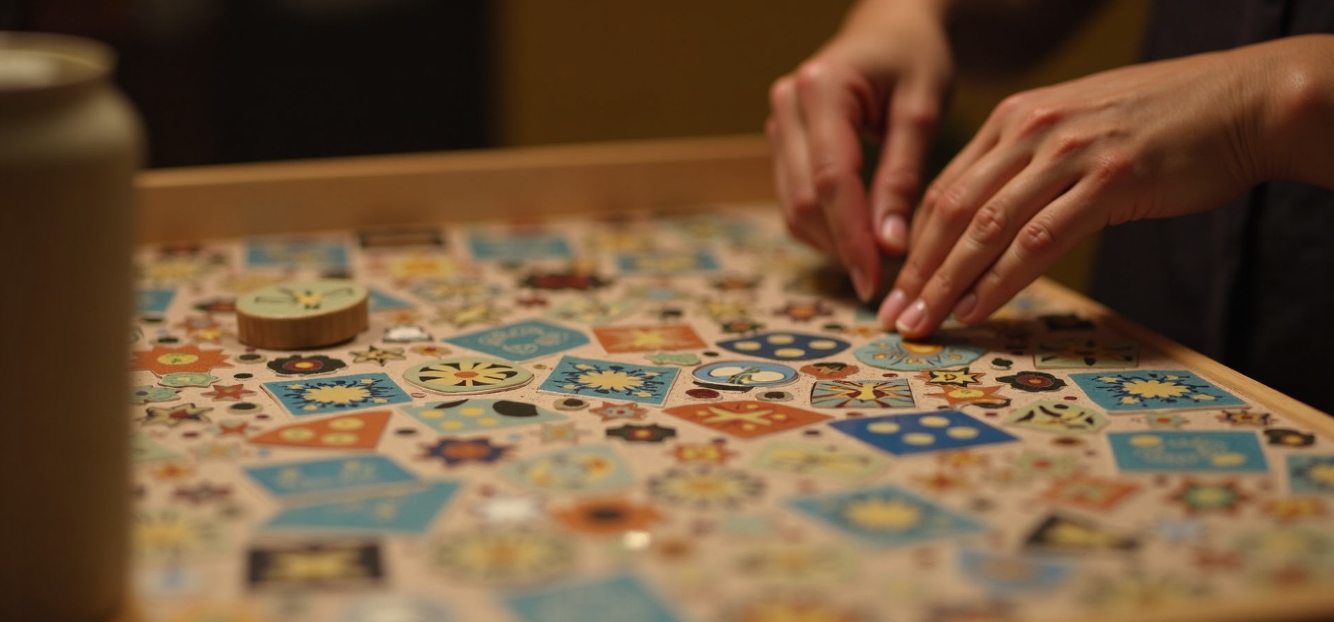 Cours de mosaïque artisanale à Casablanca — mains créant une œuvre en tesselles colorées