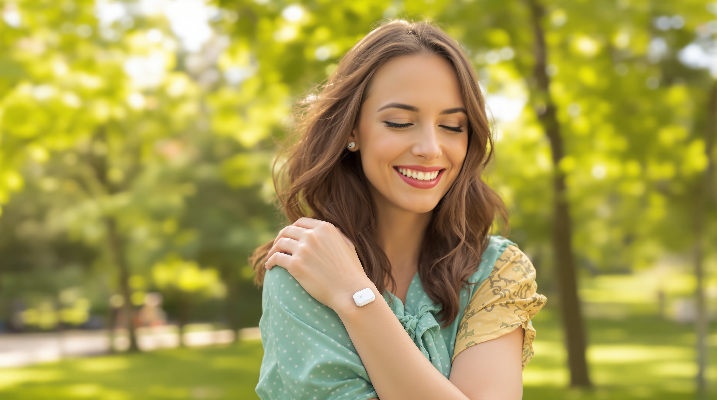 Woman wearing Sinocare iCan i3 CGM sensor outdoors — know your glucose fluctuations anytime anywhere