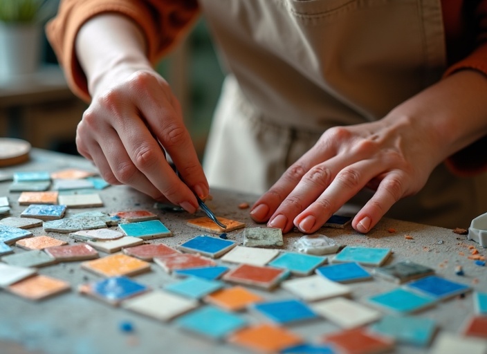 Hands-on mosaic learning workshop with colorful ceramic tiles