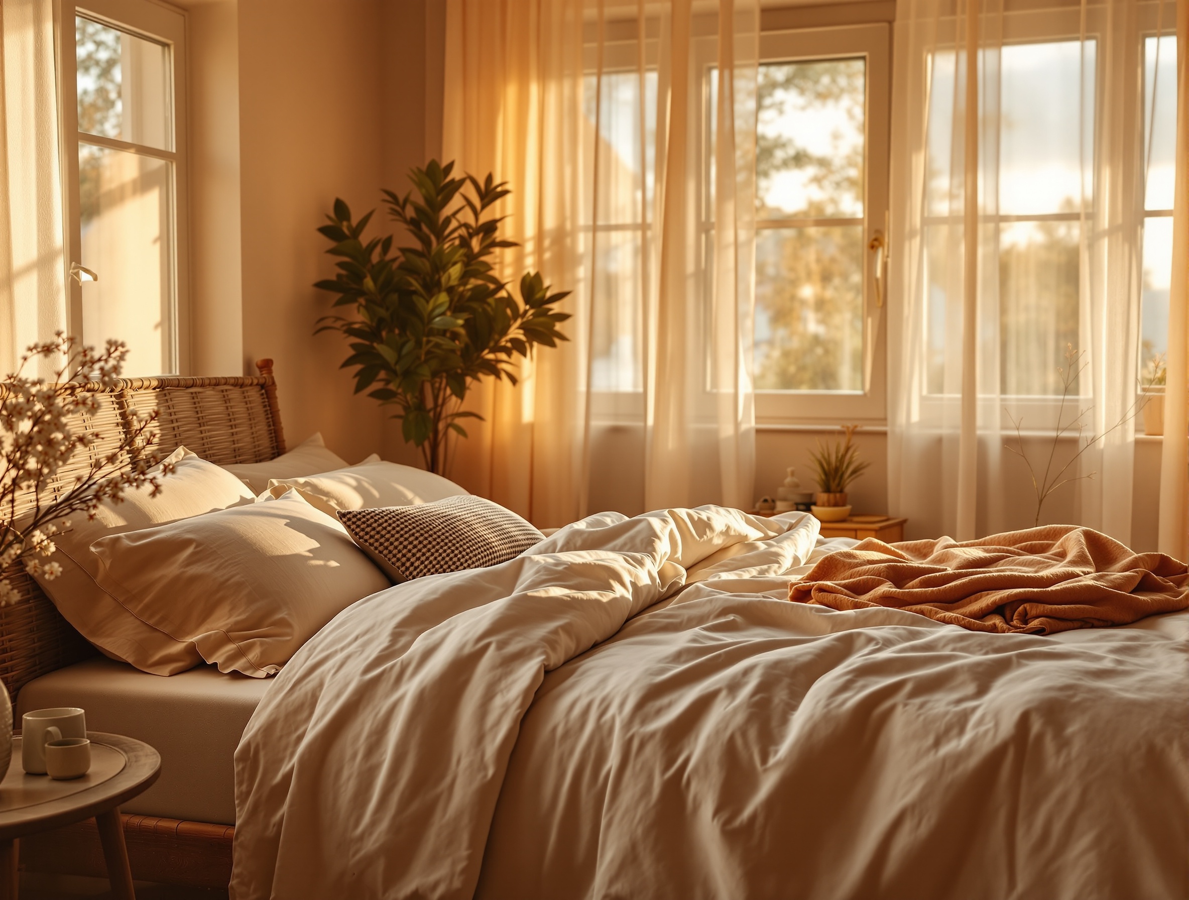 Cozy bedroom with soft neutral bedding