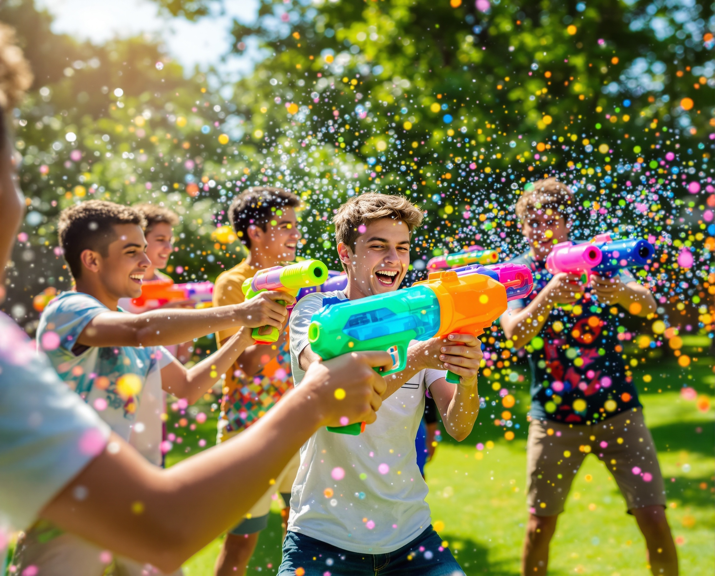 teens playing electric gel blasters outdoors USA backyard battle 2026