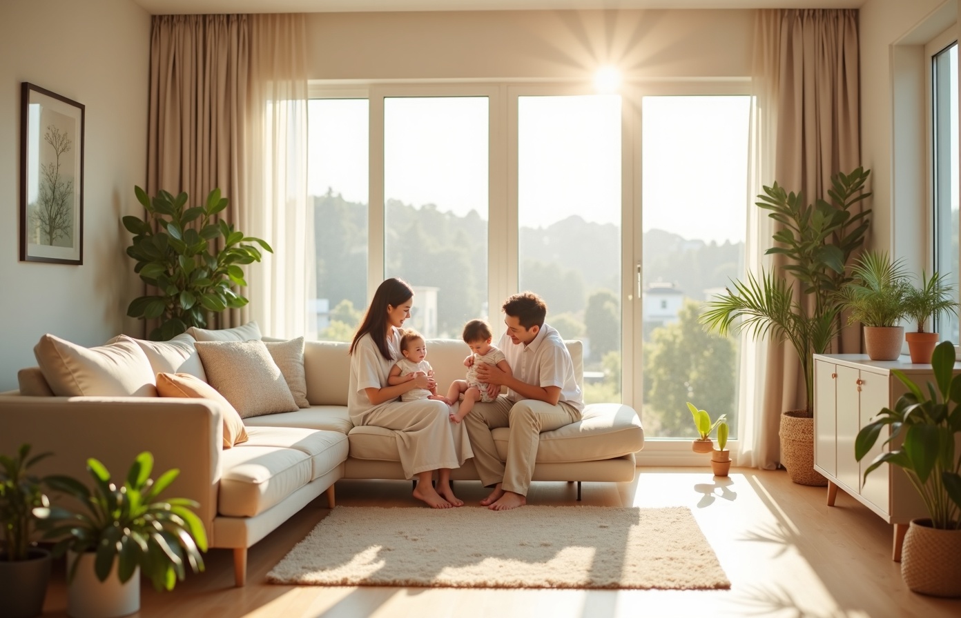 明るい家族のリビング