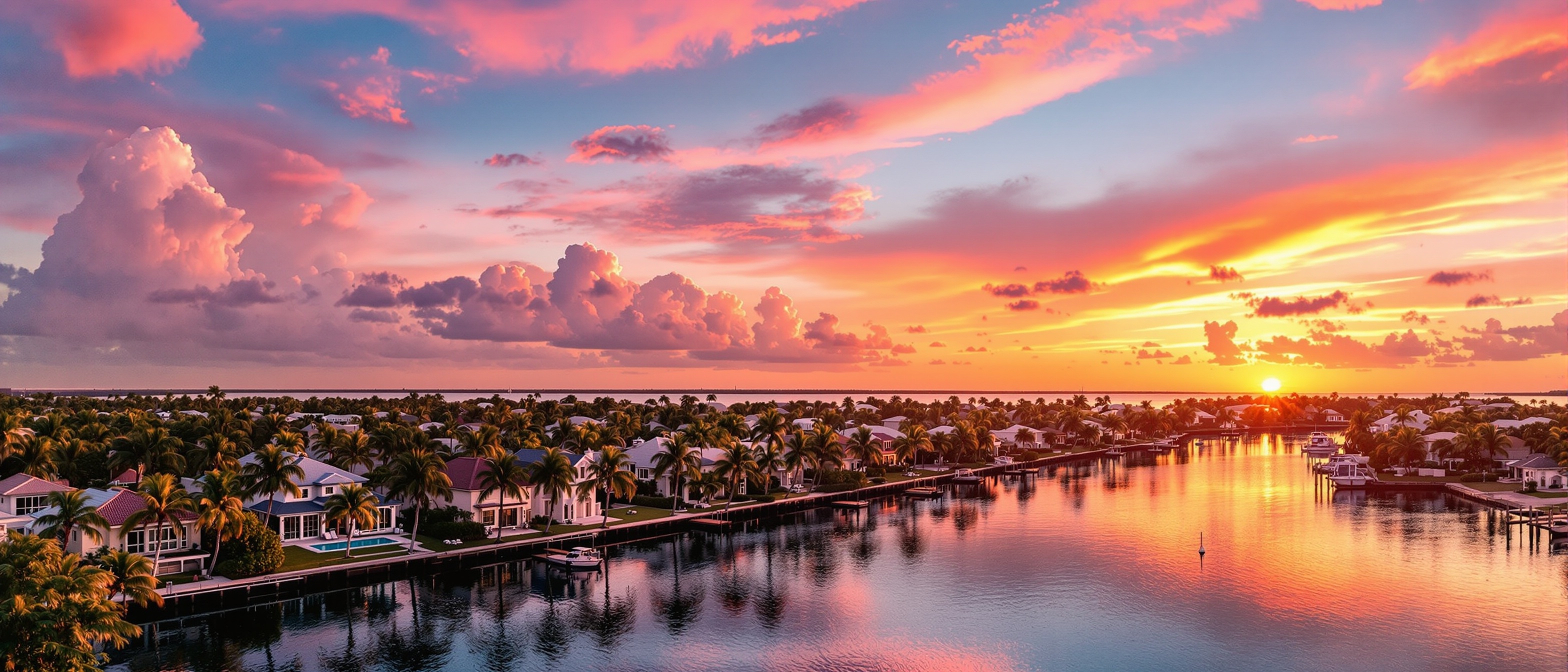 South Florida luxury neighborhood at sunset