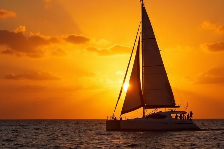 Catamaran silhouette at sunset in Mauritius