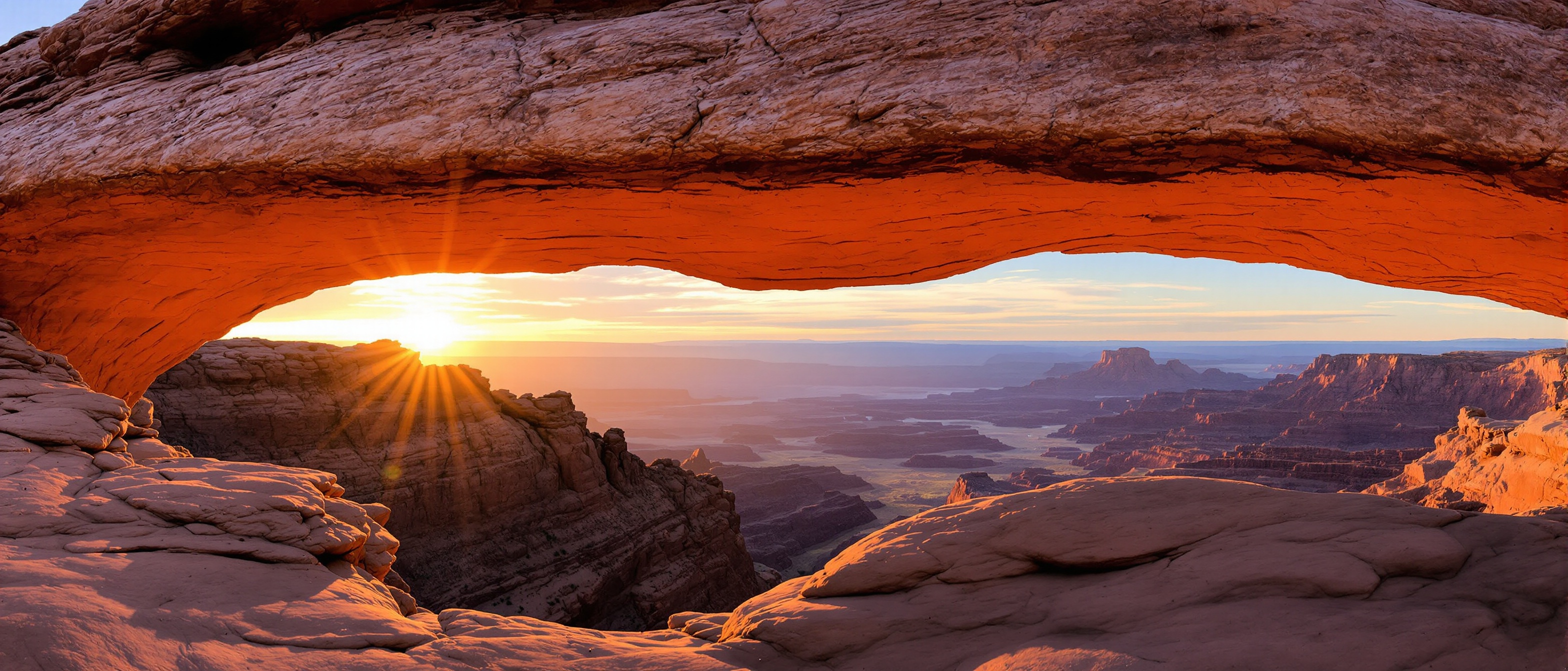 Breathtaking sunrise view at Mesa Arch in Canyonlands National Park Utah with iconic natural stone arch framing spectacular canyon landscape below warm golden sunlight streaming through arch opening illuminating red sandstone frame vast desert canyons and buttes stretching to distant horizon dramatic orange and pink sky colors reflecting on rock surfaces photographers silhouettes capturing famous viewpoint pristine morning light epic Southwest scenery geological wonder